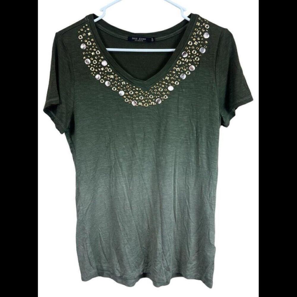 MAX JEANS Women's Top Green Ombre Metallic Accent T- Shirt Crew Neck Size S